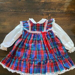 Vintage Bryan Plaid Dress with White Sleeves and Red Bow 24M